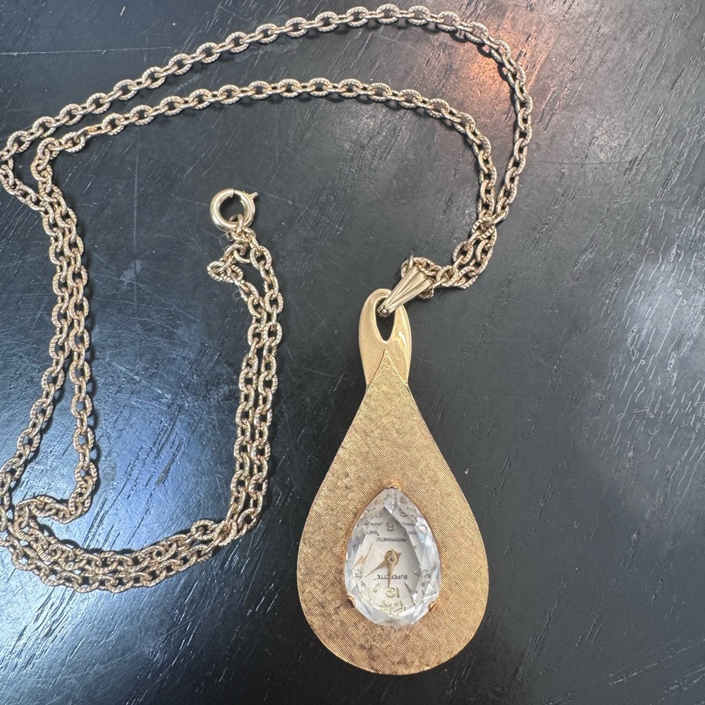 Vintage Lucite Watch Dial Pendant MCM Teardrop Necklace Gold Tone